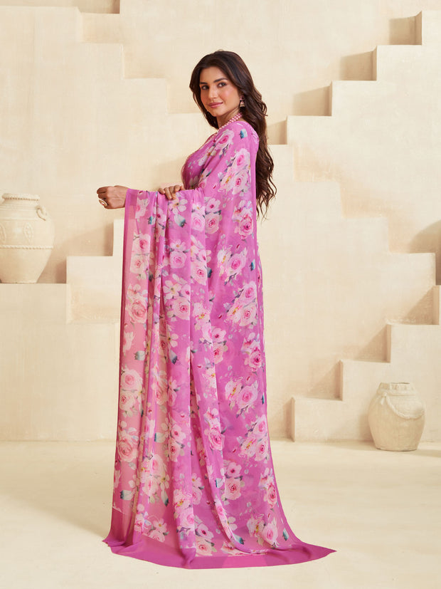 Pink floral saree lightweight wear