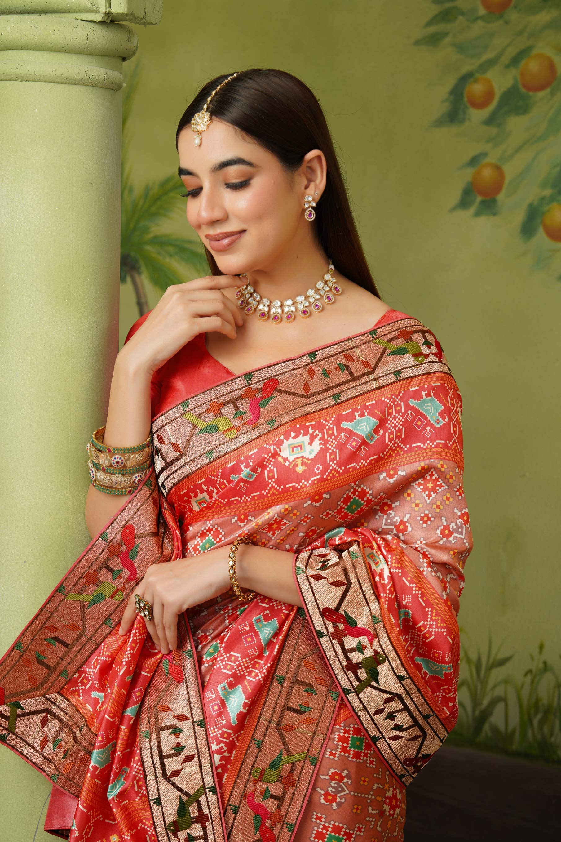 Orange embroidered silk blend saree wedding wear
