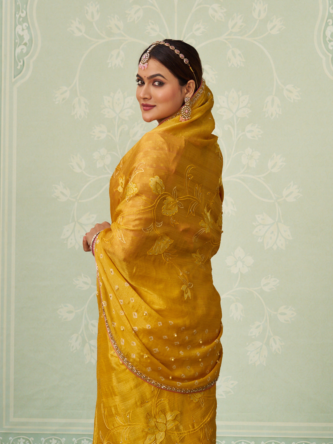 Yellow floral embroidered chiffon saree wedding wear