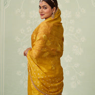 Yellow floral embroidered chiffon saree wedding wear