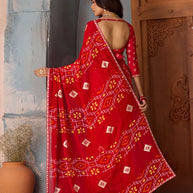 Red geometric printed georgette saree festive wear