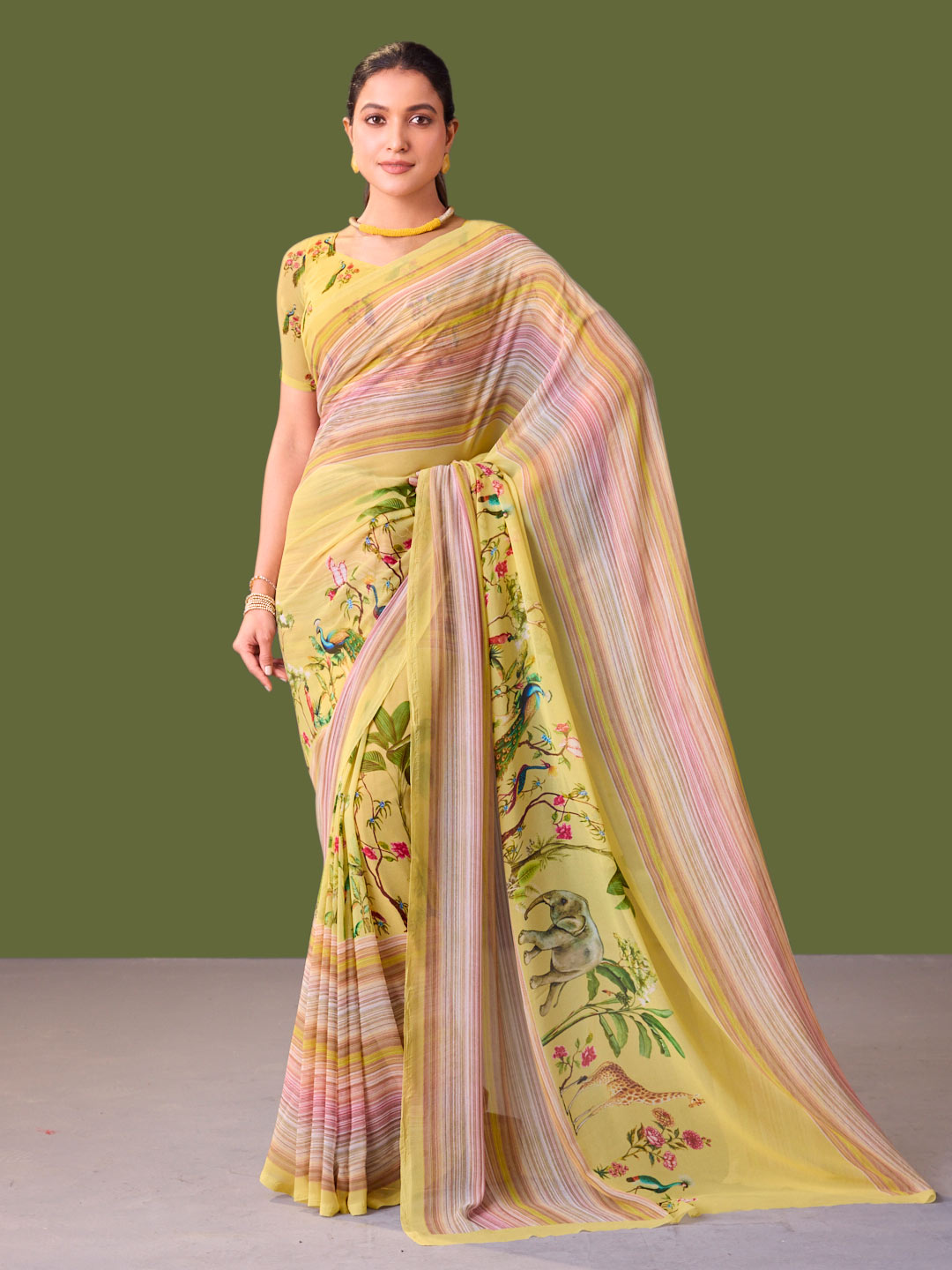 Laxmipati Dillagi Yellow Georgette Floral Saree