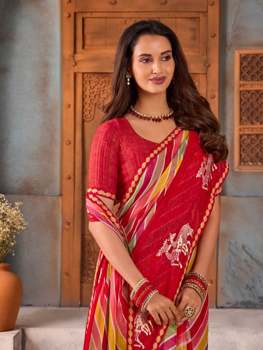 Red woven chiffon saree party wear