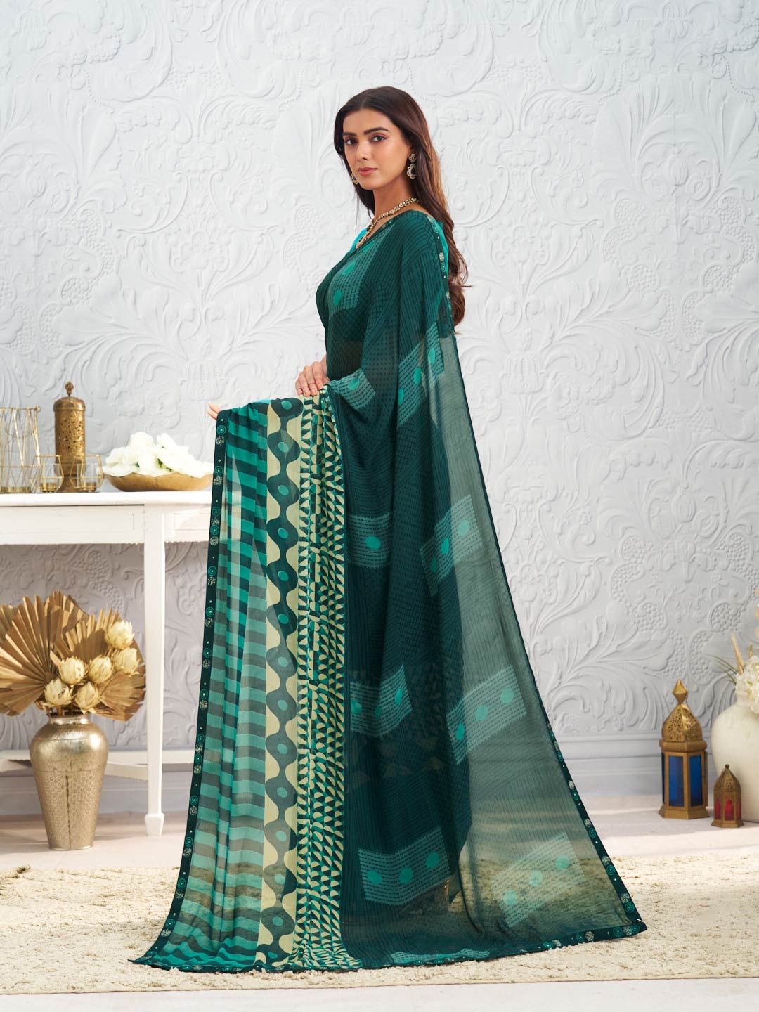 Green geometric printed georgette saree festive wear