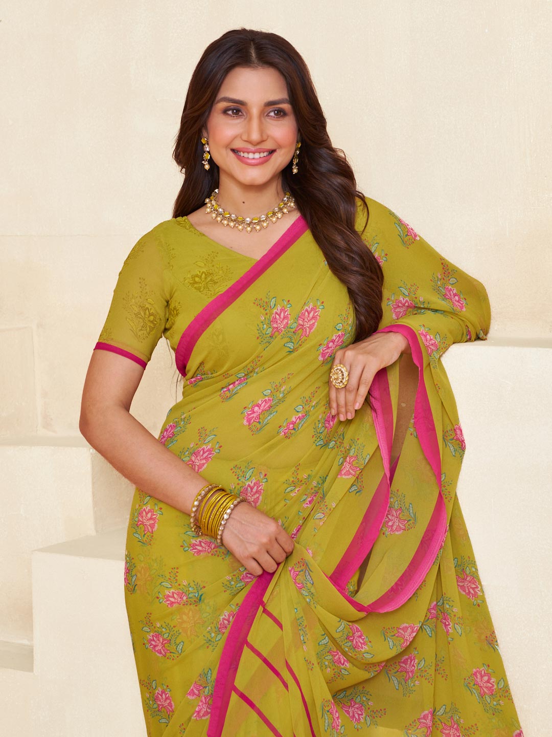Mustard floral georgette saree trendy style