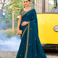 Blue silk blend embroidered border saree
