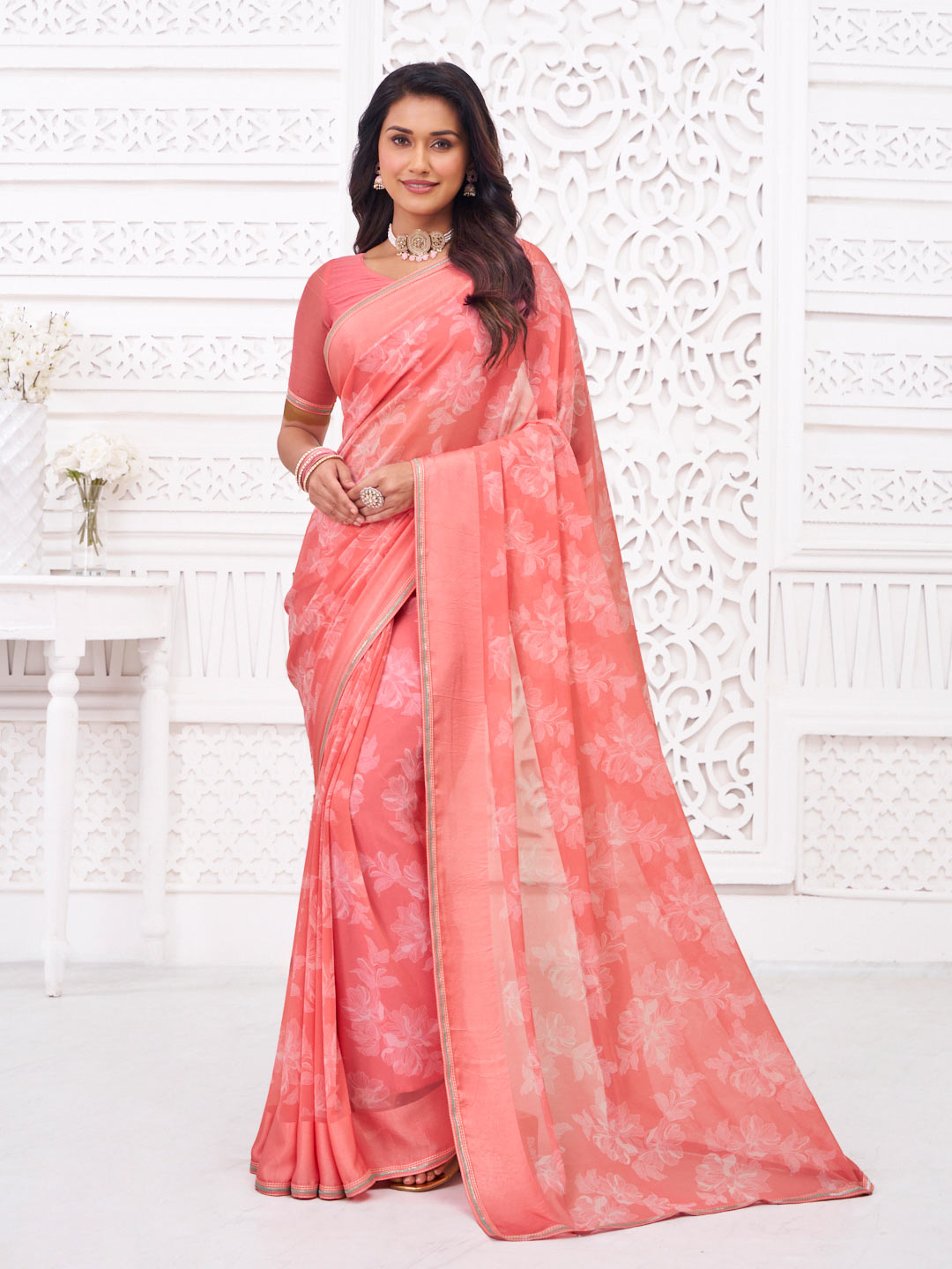 Pink georgette floral print saree
