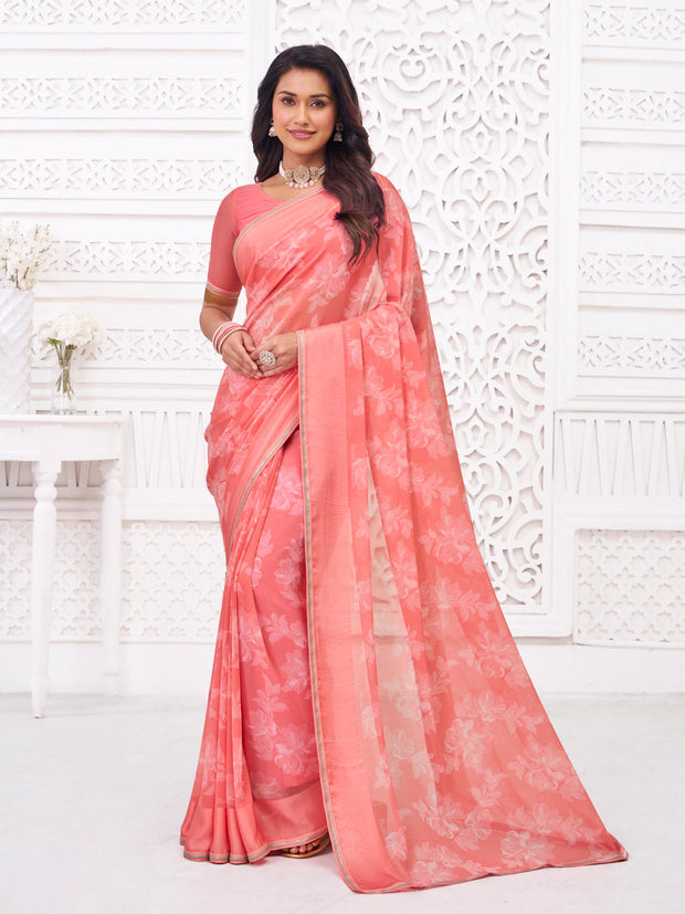 Pink georgette floral print saree