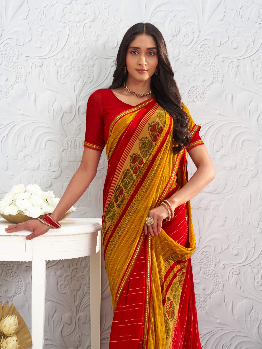 Red floral printed georgette saree wedding wear