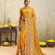 Yellow embroidered chiffon saree daily wear