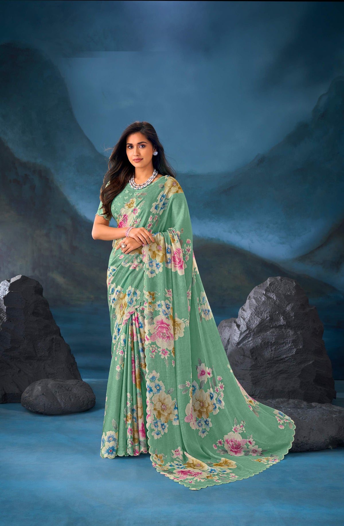 Green floral embroidered chiffon saree daily wear
