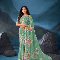Green floral embroidered chiffon saree daily wear