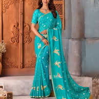 Blue bandhani embroidered silk blend saree festive wear