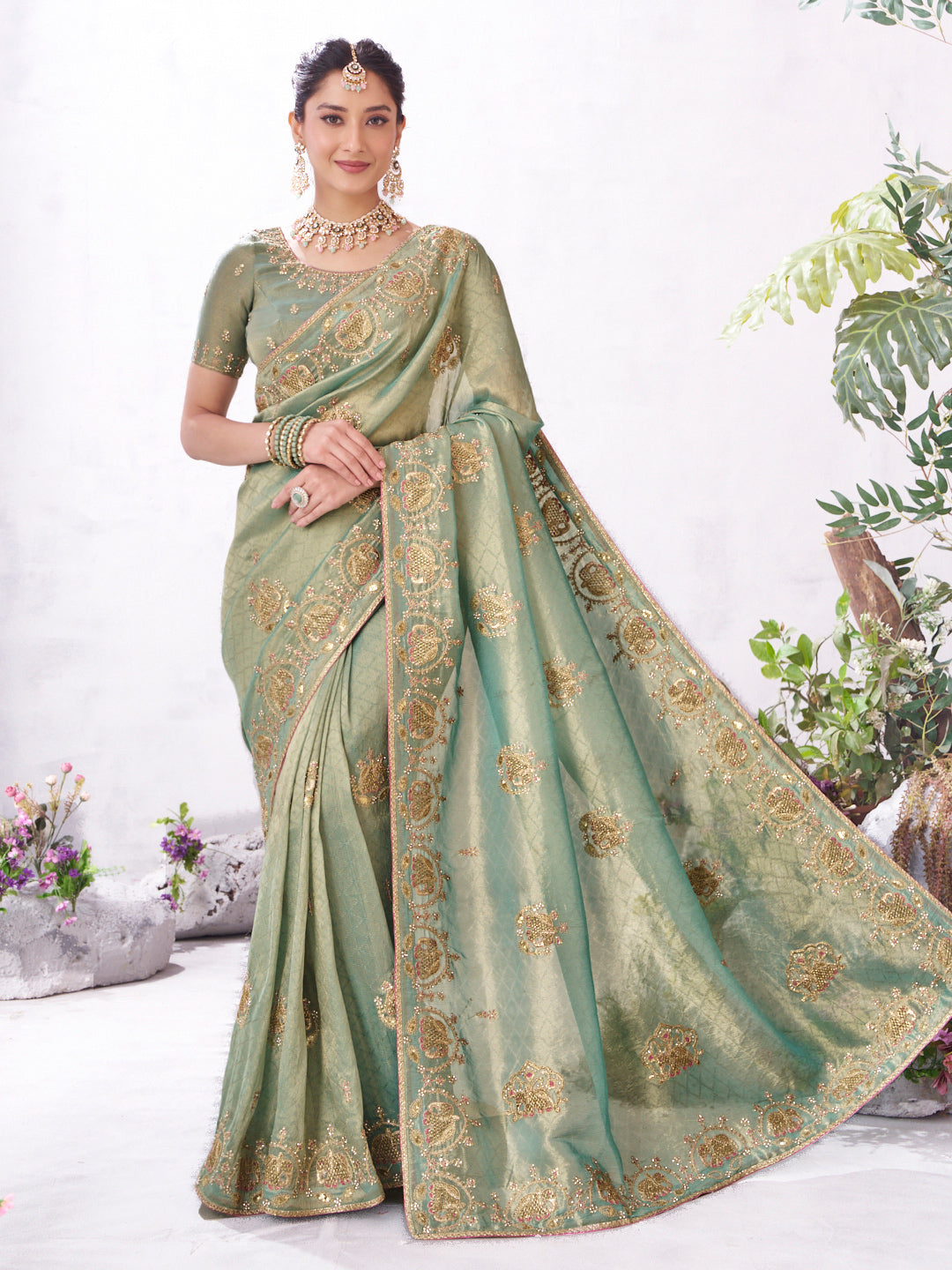 Green floral embroidered silk saree premium style