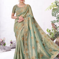 Green floral embroidered silk saree premium style