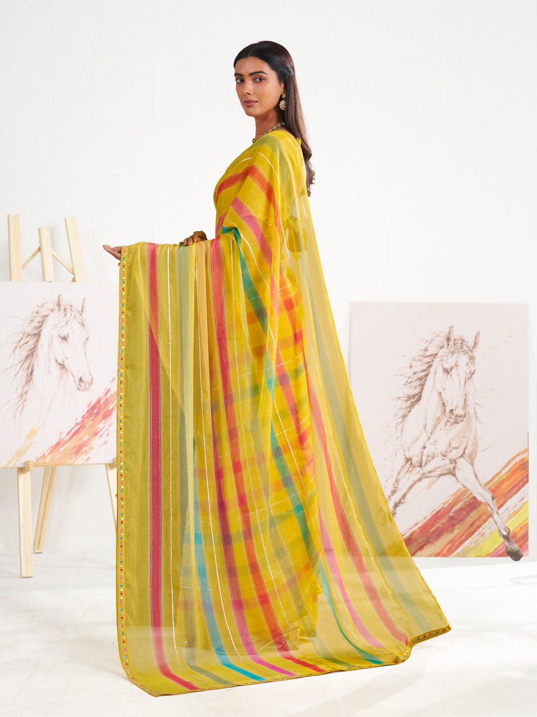Laxmipati Murli Yellow Chiffon Striped Saree