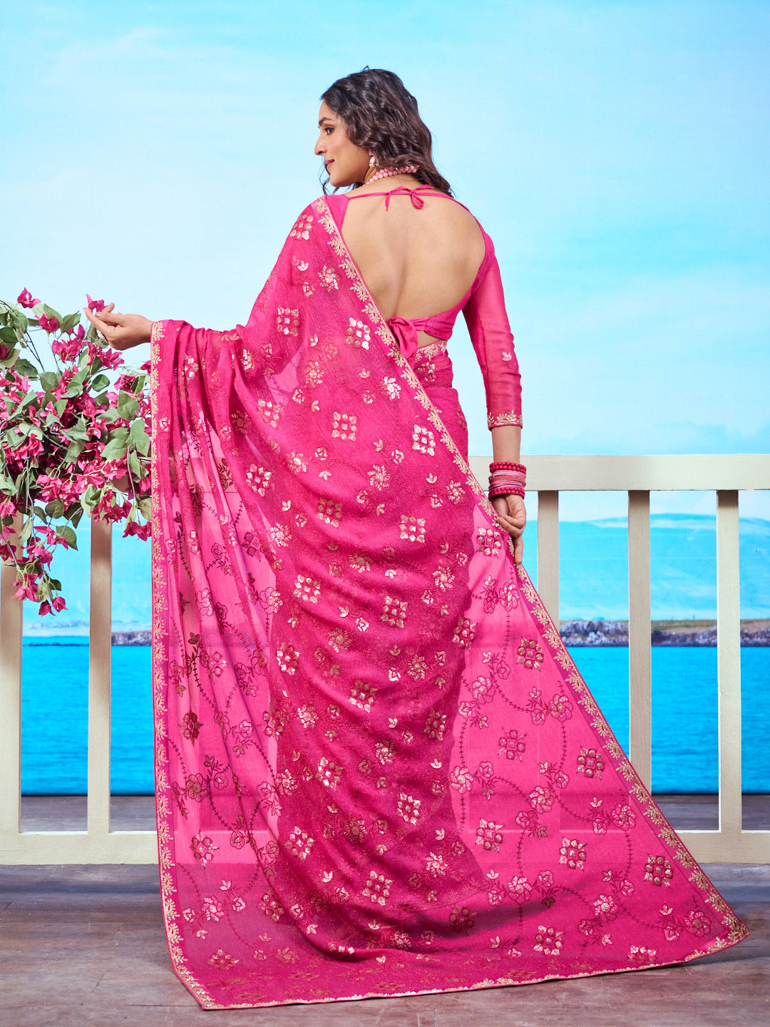 Pink floral embroidered chiffon saree festive wear | Pink gold floral embroidered chiffon saree party wear | Pink floral motif chiffon saree elegant wear | Pink sequin embroidered chiffon saree occasion wear | Pink embroidered border chiffon saree work wear