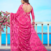 Pink floral embroidered chiffon saree festive wear | Pink gold floral embroidered chiffon saree party wear | Pink floral motif chiffon saree elegant wear | Pink sequin embroidered chiffon saree occasion wear | Pink embroidered border chiffon saree work wear