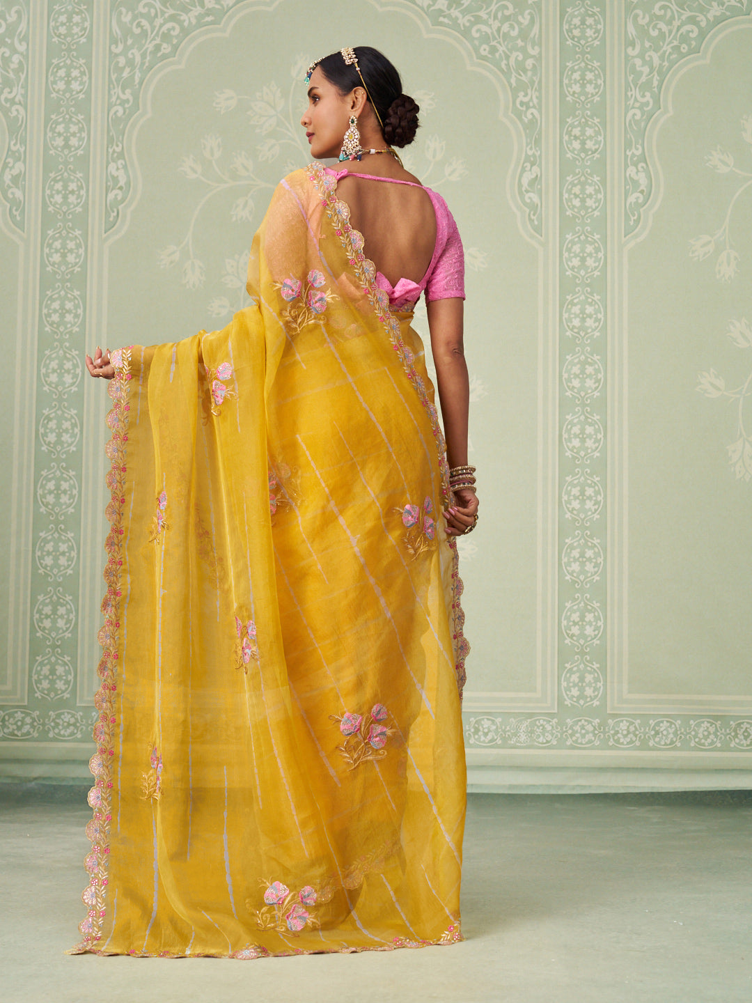 Yellow floral embroidered chiffon saree party wear