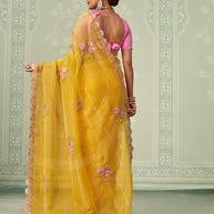 Yellow floral embroidered chiffon saree party wear