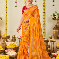 Orange bandhani printed georgette saree festive wear