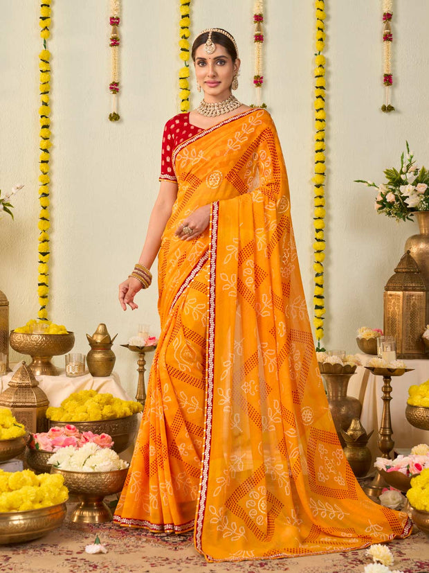Orange bandhani printed georgette saree festive wear