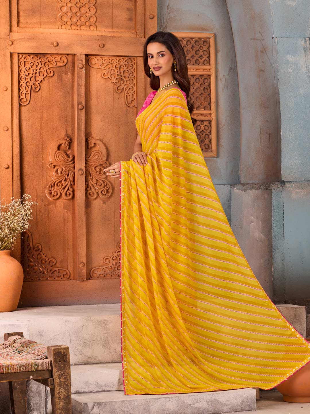 Yellow striped silk blend saree daily wear
