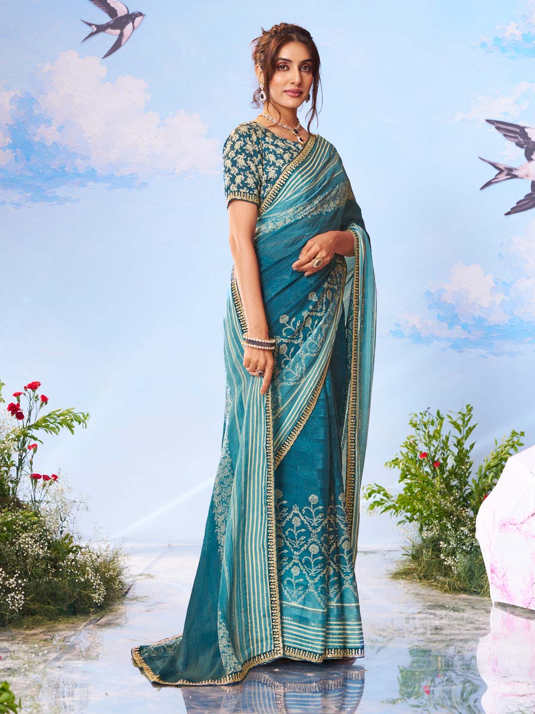 Blue geometric printed silk blend saree daily wear 