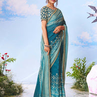 Blue geometric printed silk blend saree daily wear 
