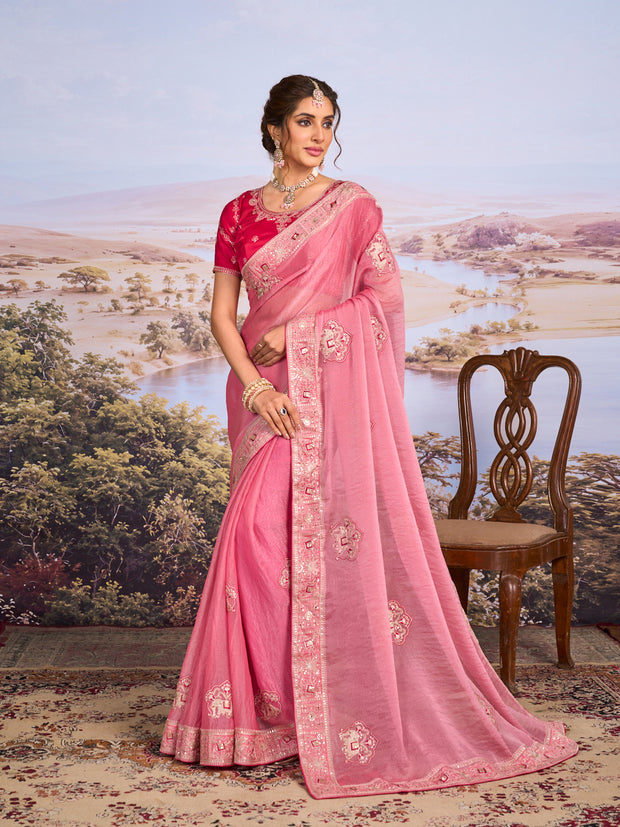 Pink embroidered chiffon saree festive wear