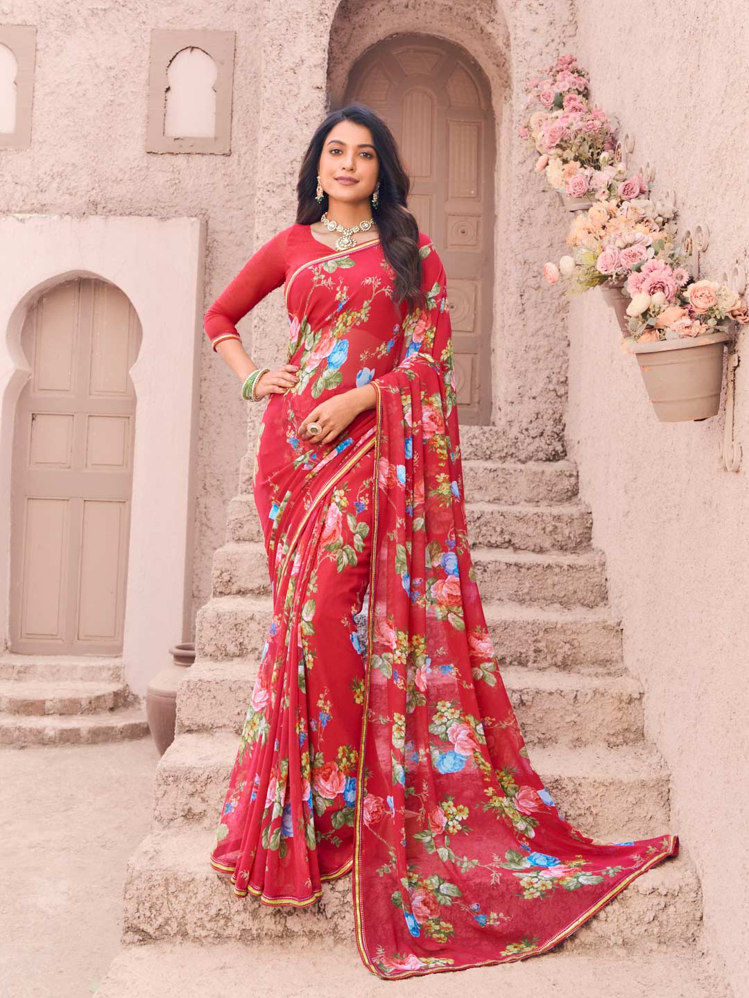 Pink georgette floral print saree