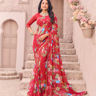 Pink georgette floral print saree