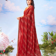Red floral woven banarasi silk saree festive wear 