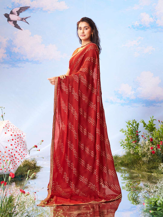 Red floral woven banarasi silk saree festive wear 