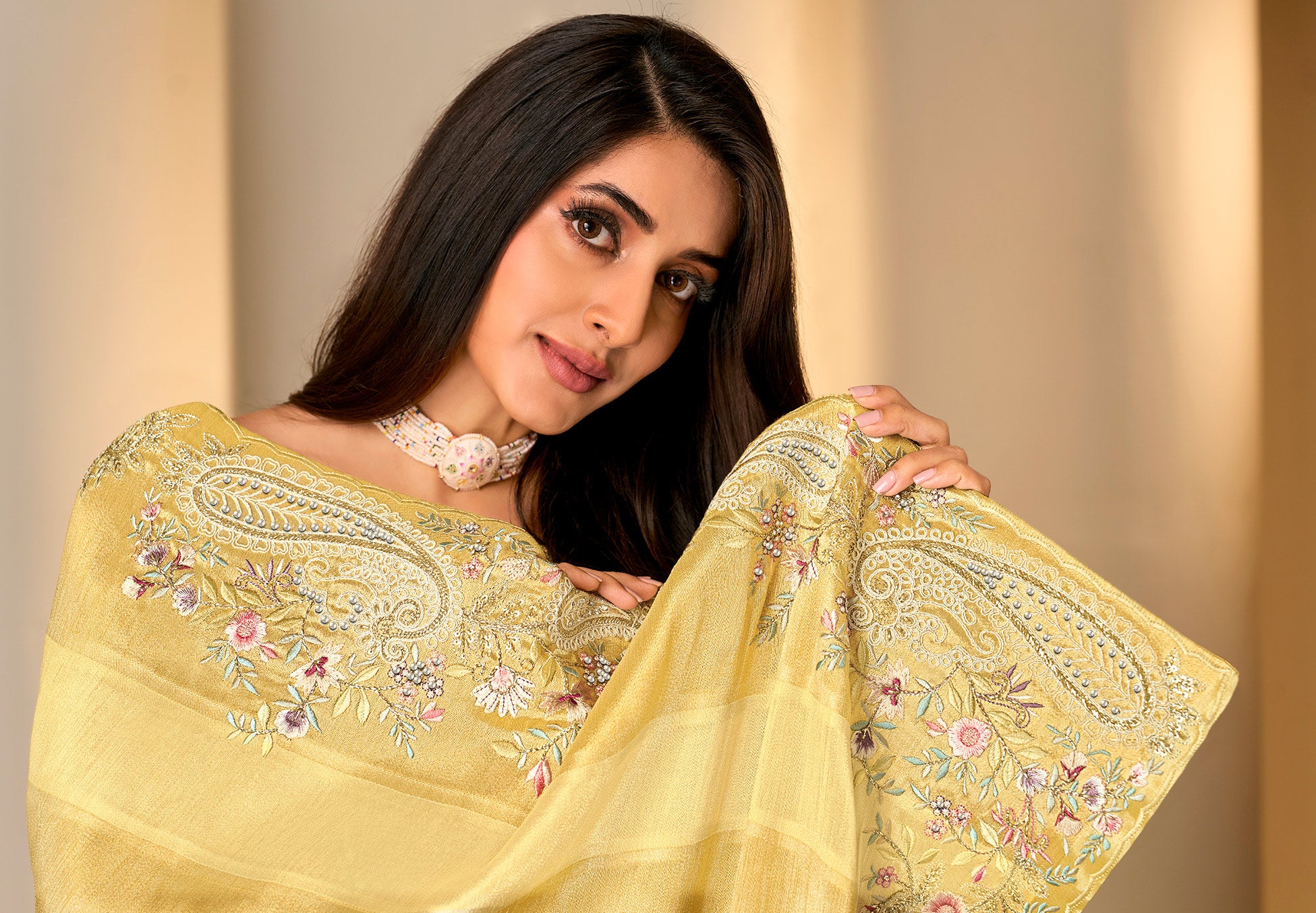 Yellow floral embroidered silk blend saree daily wear