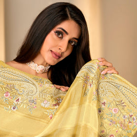 Yellow floral embroidered silk blend saree daily wear