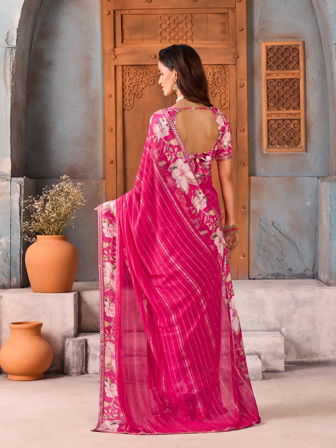 Pink floral printed georgette saree casual wear