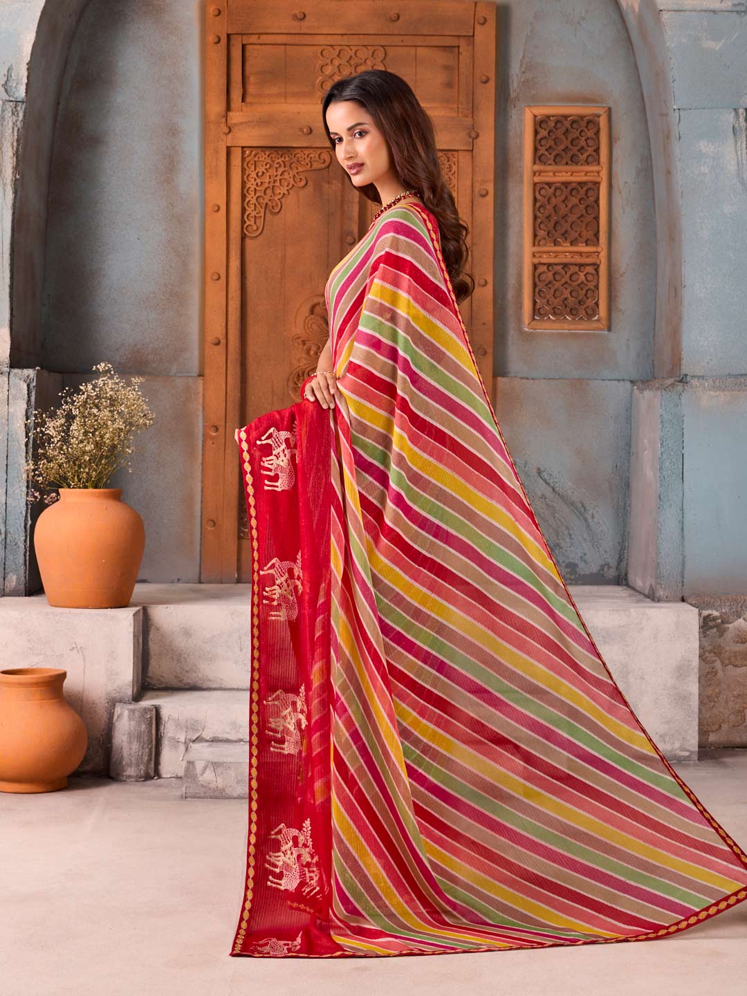 Red striped chiffon saree casual wear