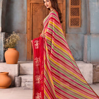 Red striped chiffon saree casual wear