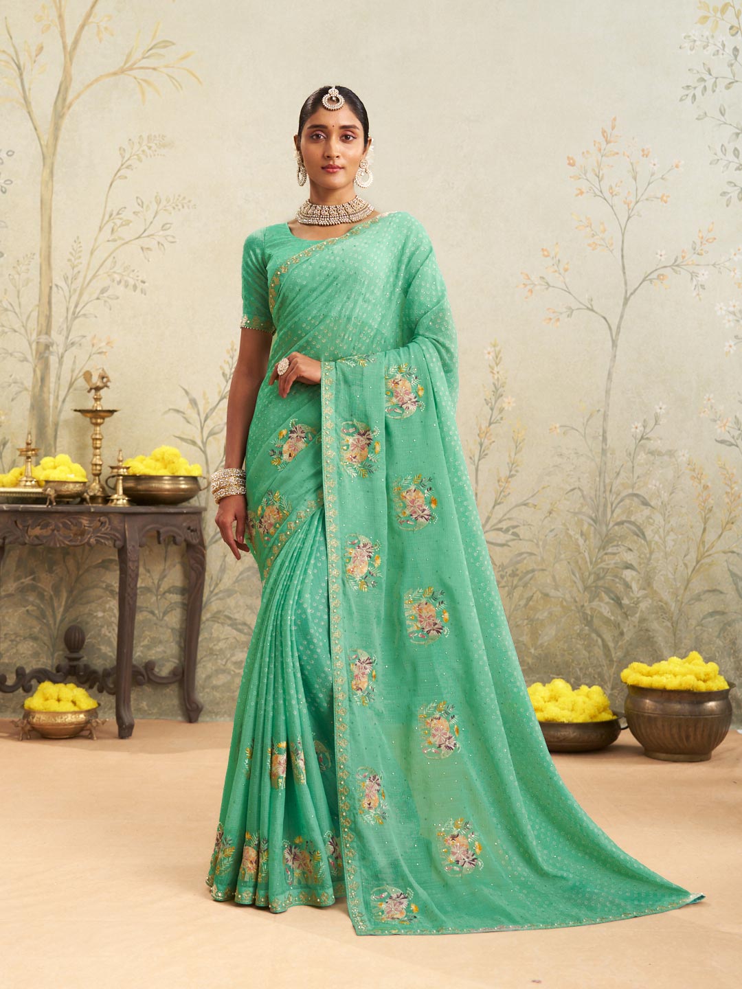 Green embroidered chiffon saree daily wear