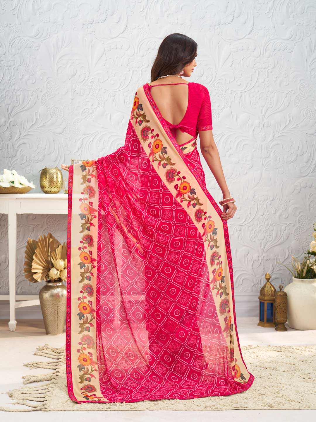 Pink floral printed georgette saree party wear
