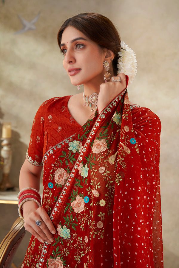 Red embroidered chiffon saree daily wear