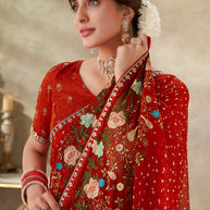 Red embroidered chiffon saree daily wear