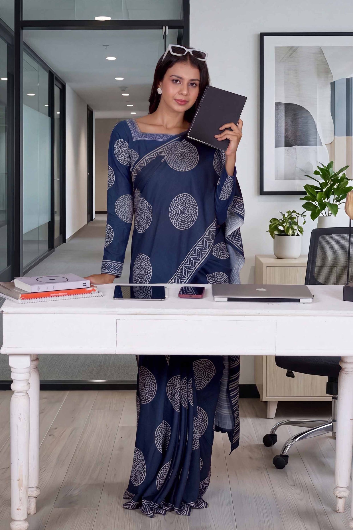 Blue geometric printed cotton blend saree corporate wear