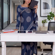 Blue geometric printed cotton blend saree corporate wear
