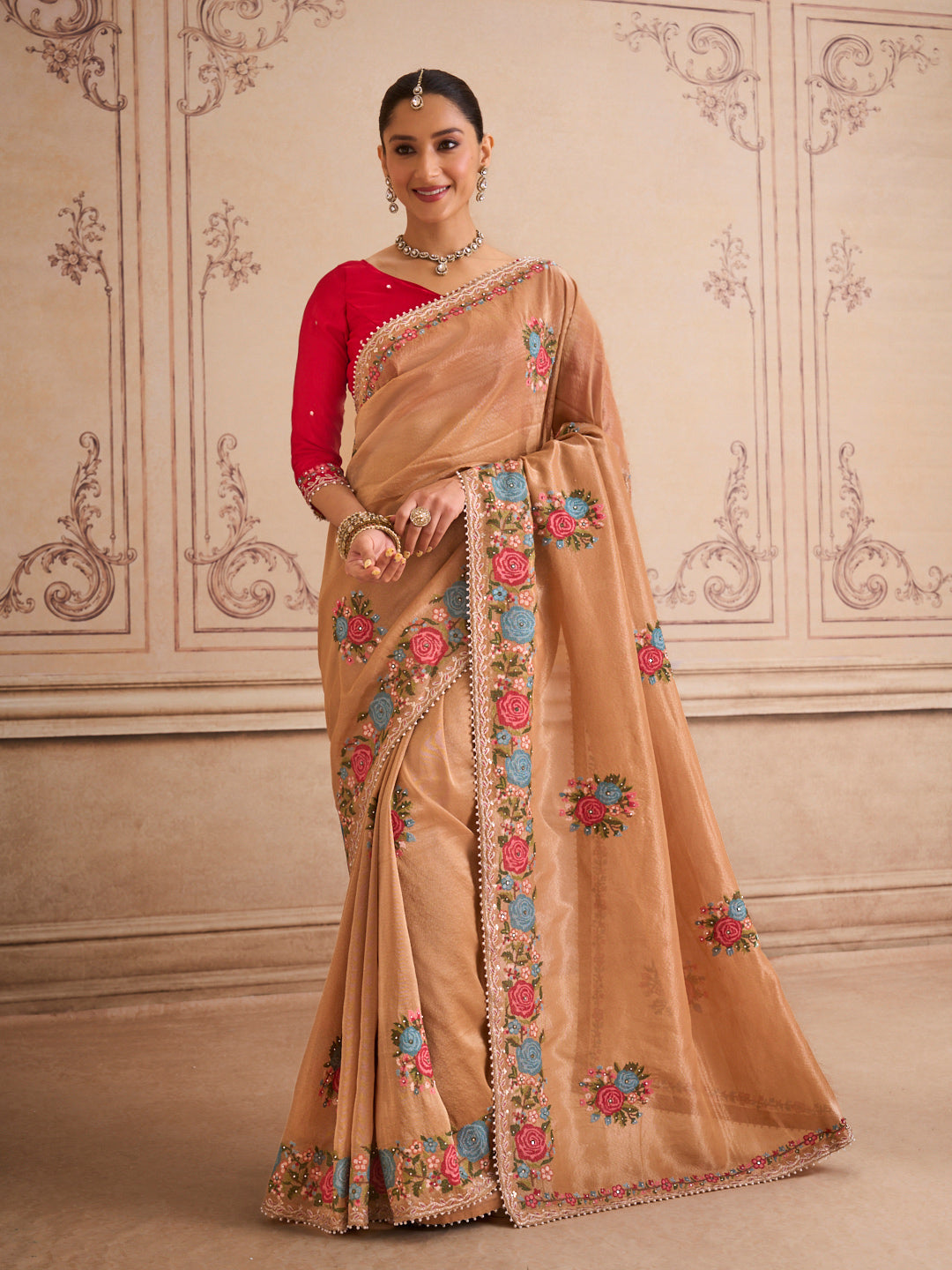 Brown floral embroidered silk blend saree festive wear