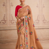 Brown floral embroidered silk blend saree festive wear