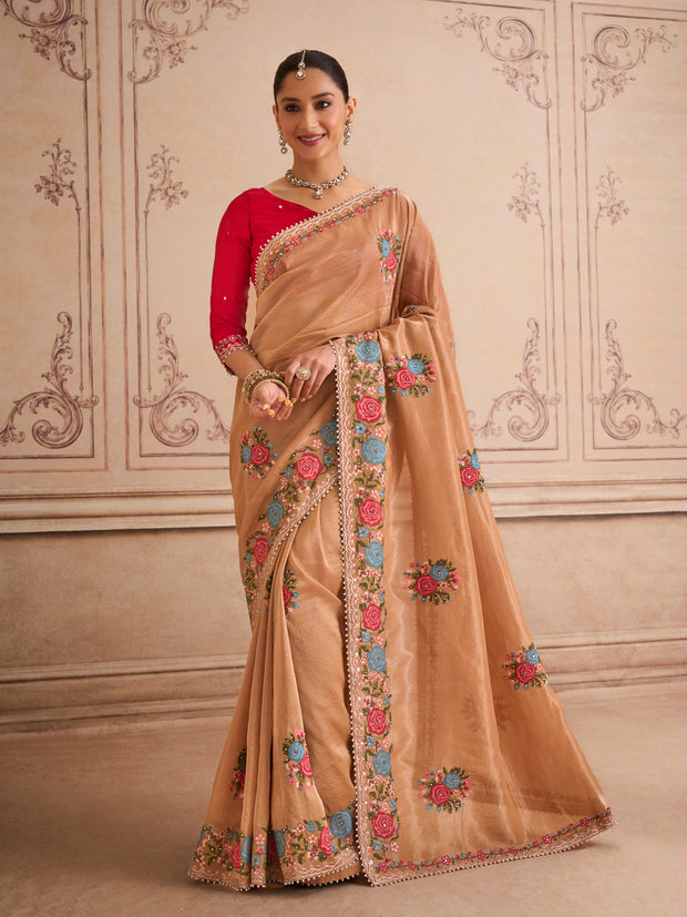 Brown floral embroidered silk blend saree festive wear