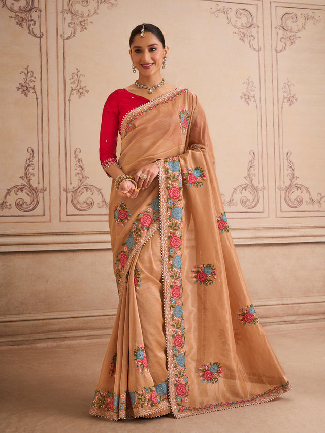 Brown floral embroidered silk blend saree festive wear