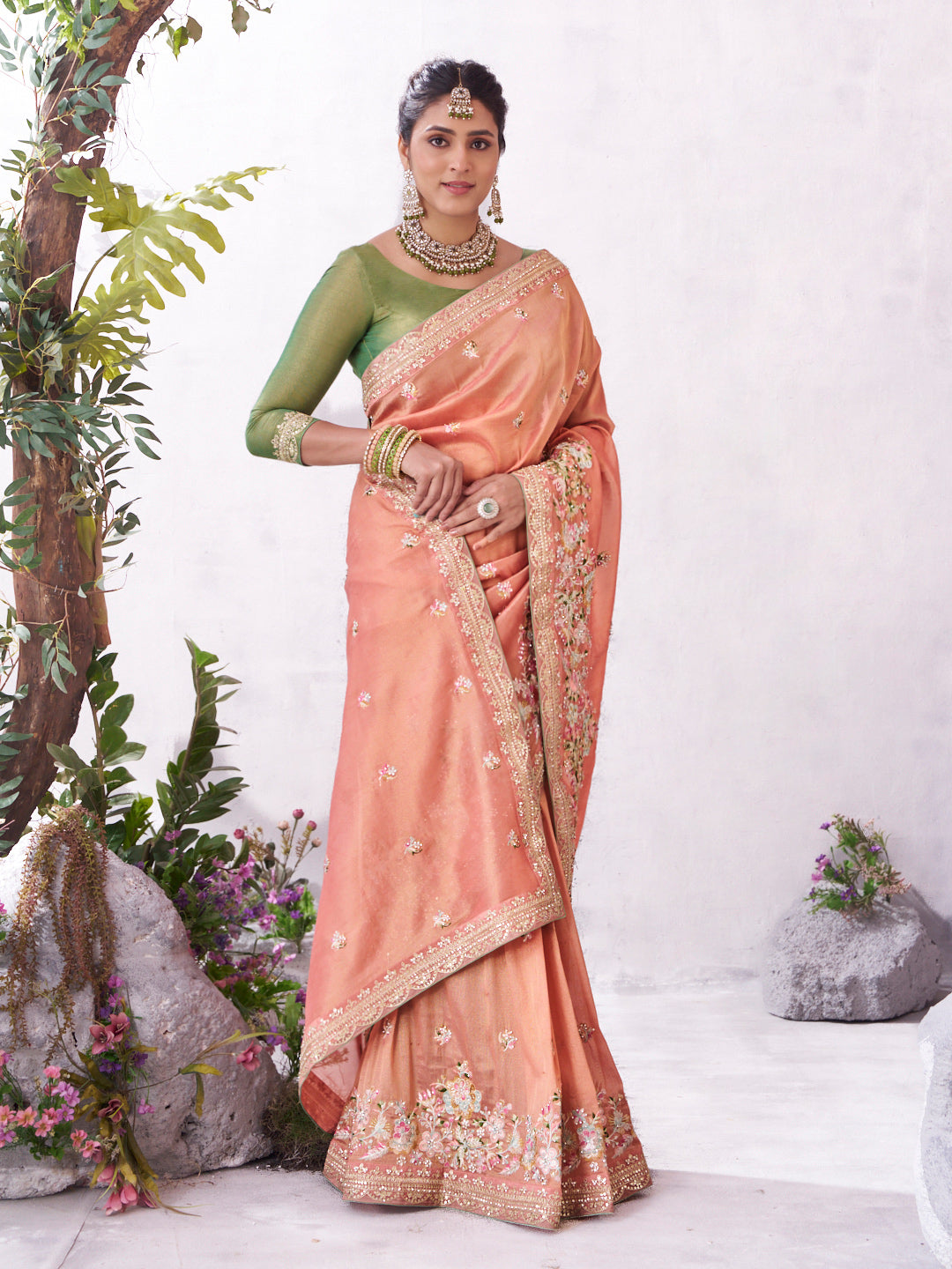 Peach designer embroidery saree festive wear